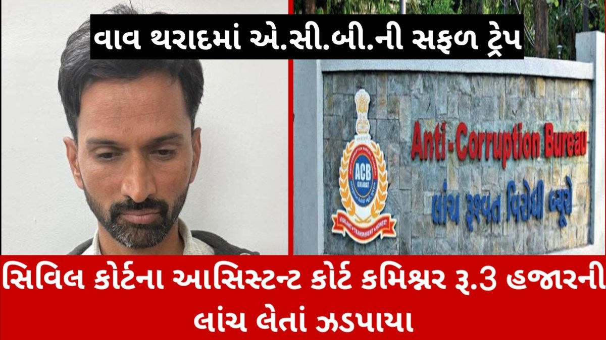 વાવ–થરાદમાં એ.સી.બી.ની સફળ ટ્રેપ: સિવિલ કોર્ટના આસિસ્ટન્ટ કોર્ટ કમિશ્નર રૂા. 3 હજારની લાંચ લેતાં ઝડપાયા